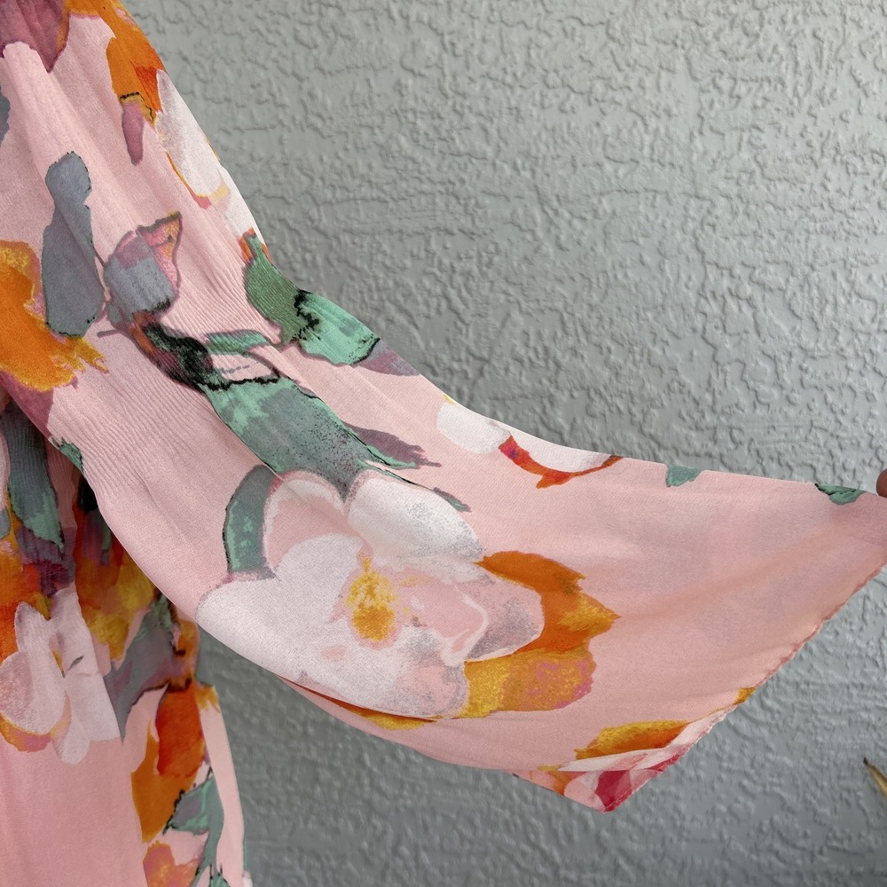 Spense 12 Petite Dress Floral Print Sheer Sleeves Lined Watercolor Pastel Pink - Picture 9 of 9